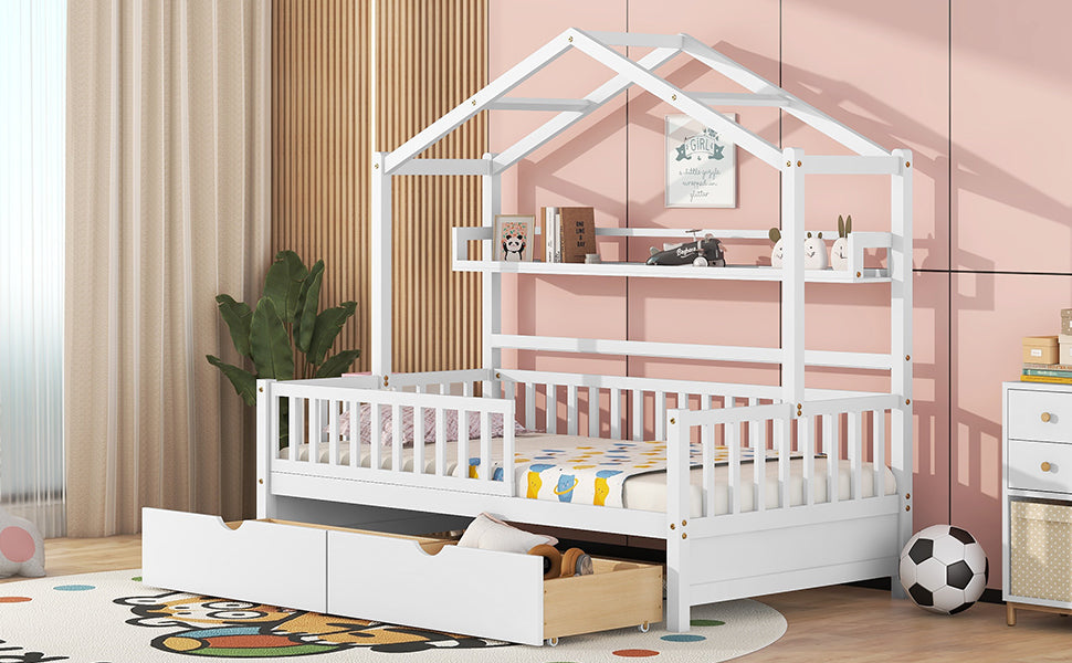 Wooden Twin Size House Bed with 2 Drawers Kids Bed with Storage Shelf White