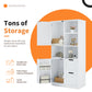 Bathroom storage cabinet with doors and drawers, multiple storage spaces, independent, open adjustable shelves, white