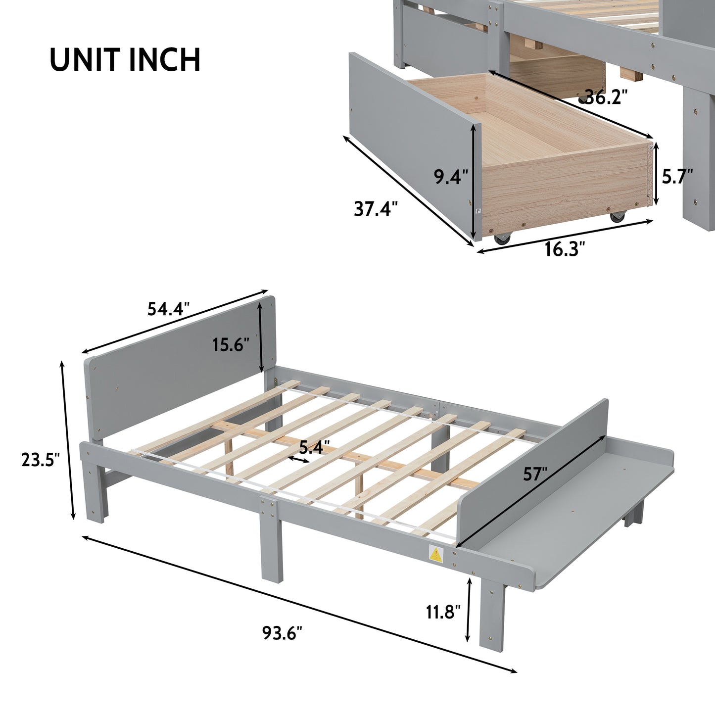 Full Bed with Footboard Bench 2 drawers Grey