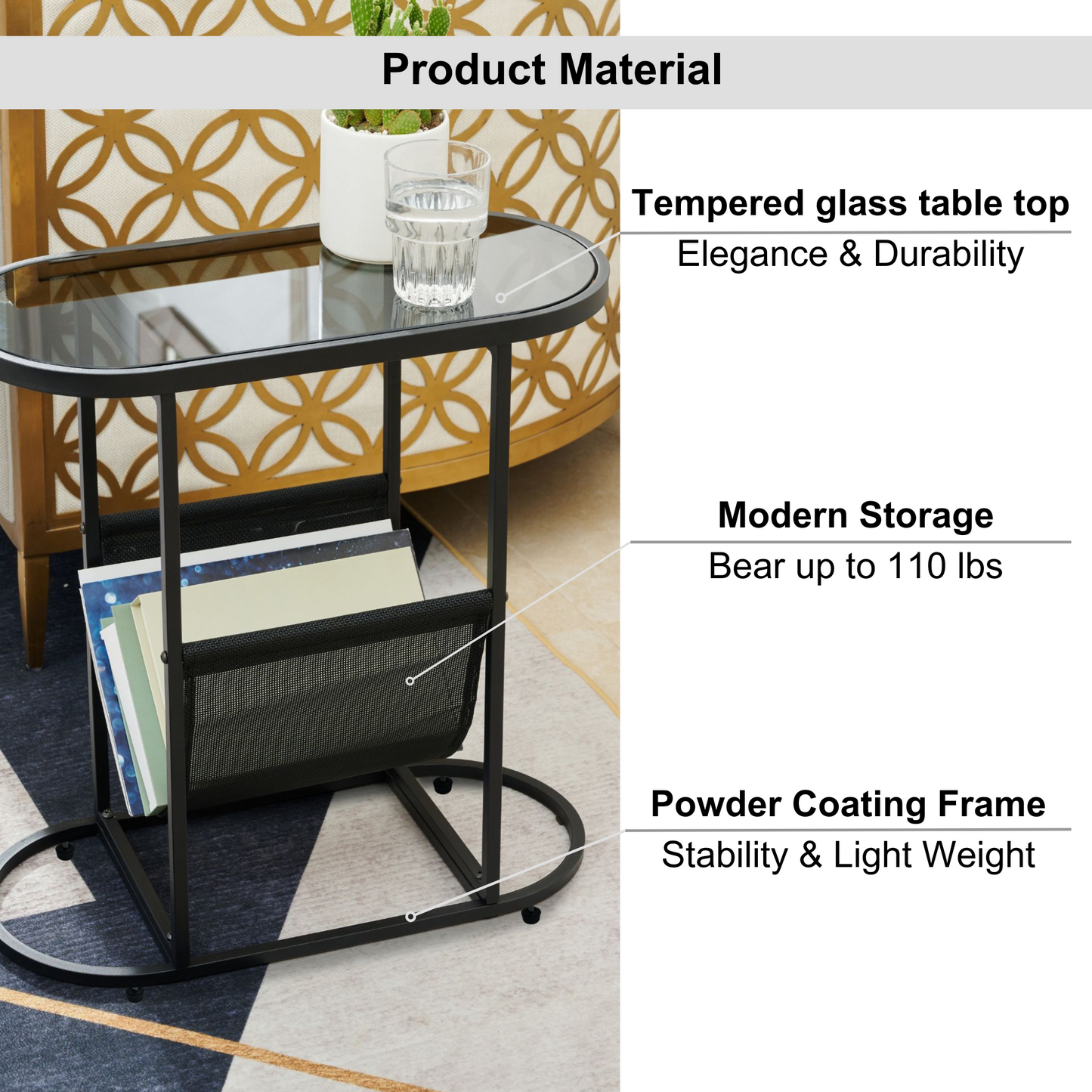 Glass Oval Small Side Tables Living Room Small Space With Magazines Organizer Storage Space