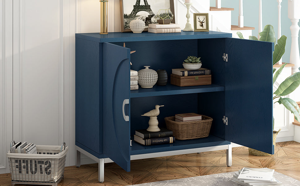 Simple Storage Cabinet Accent Cabinet with Solid Wood Veneer and Metal Leg Frame for Living Room, Entryway, Dining Room (Navy)