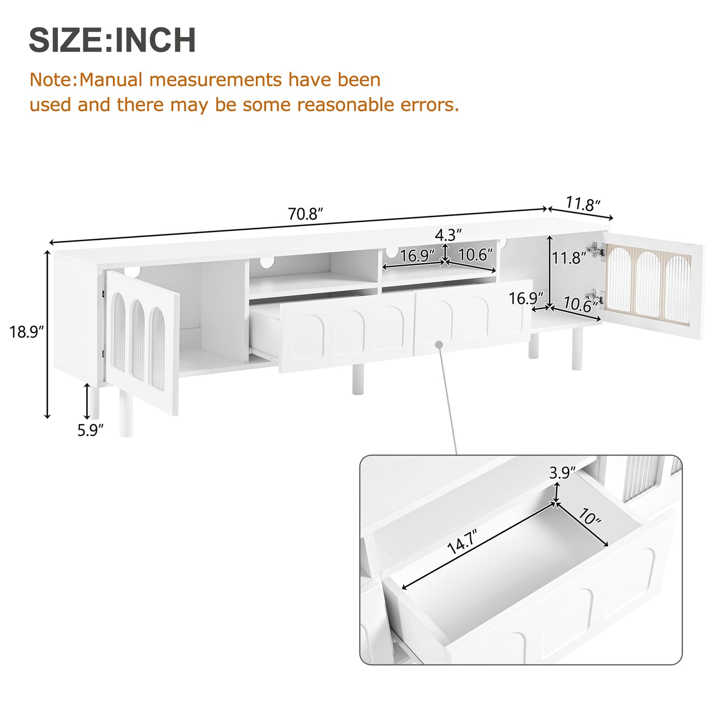 ON-TRANS Cream TV Stand with LED Light Strip, Tempered Glass Door for 80-Inch TVs, White Finish