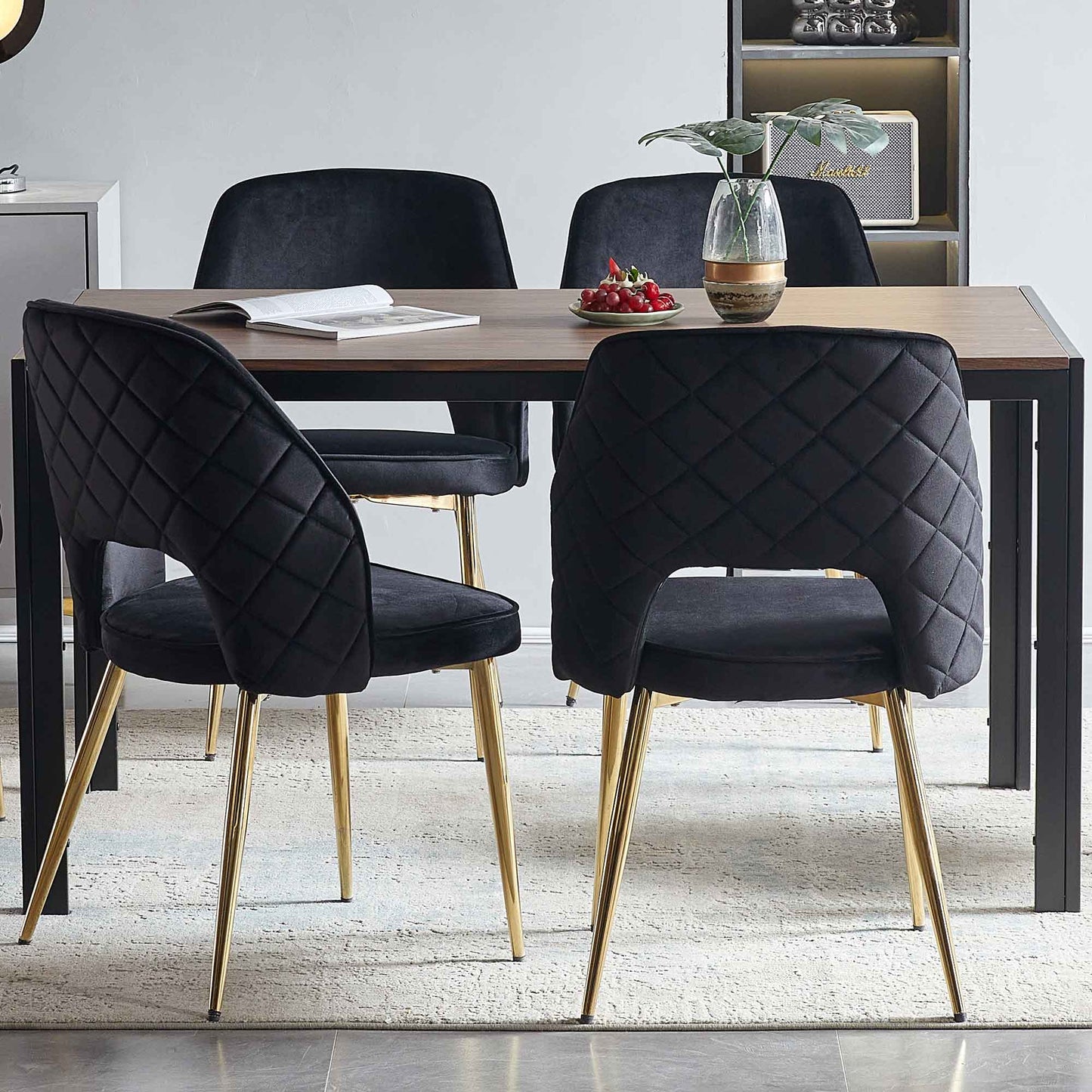 Black Velvet Dining Chairs with Metal Legs and Hollow Back, Set of 4 for Modern Dining Rooms