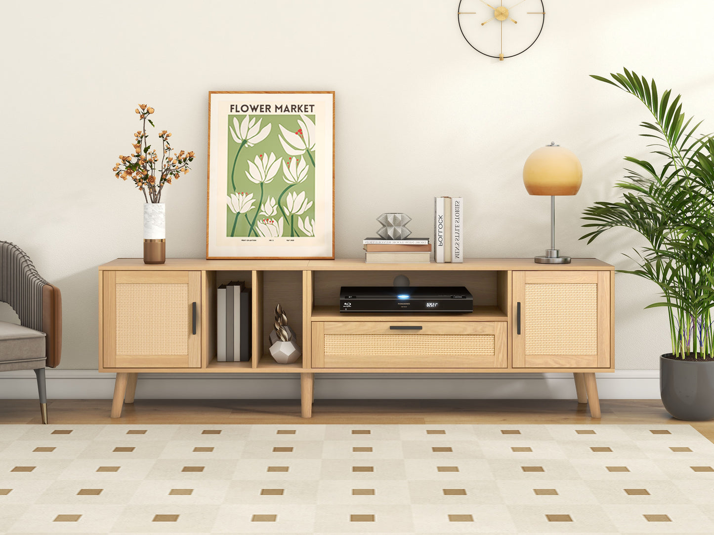 Vine TV Stand with 2 Cabinets and 2 Open Shelves, Solid Wood Legs for TVs Under 80 Inches