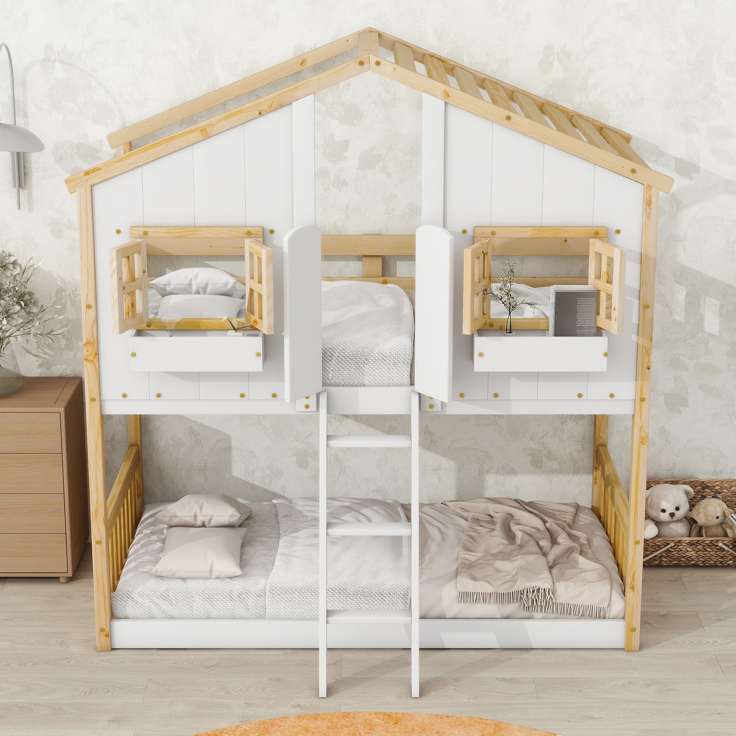 Twin over Twin House Bunk Bed with Roof , Window, Window Box, Door , with Safety Guardrails and Ladder, Natural/White