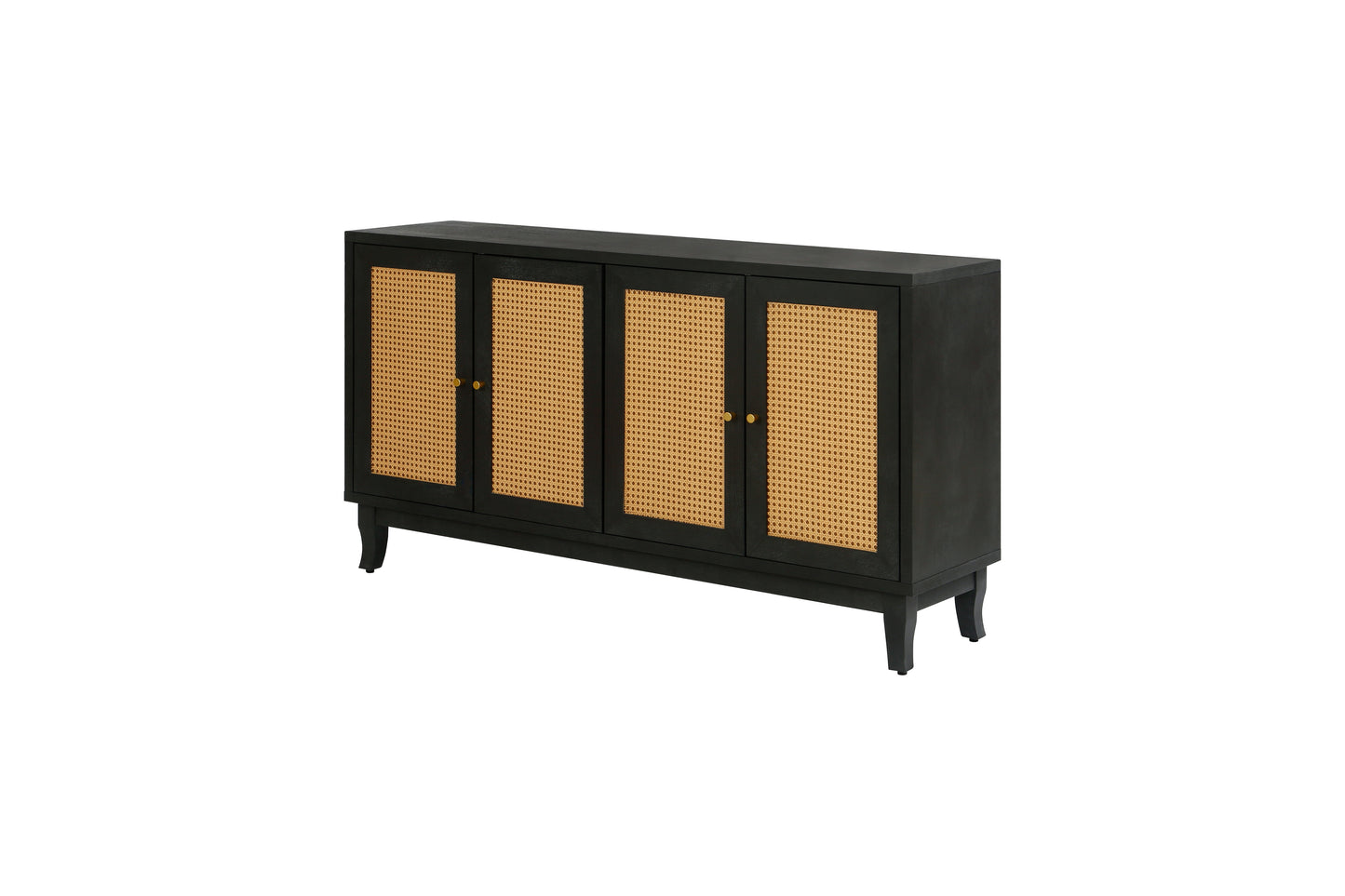 Handcrafted Premium Grain Rattan Sideboard Buffet Cabinet with 4 Rattan Doors, Black Finish