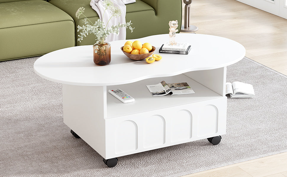 ON-TRANS flexible cream style coffee table with 2 brake wheels, drawers, large storage space, white, 39.37 '' x 23.6 ''