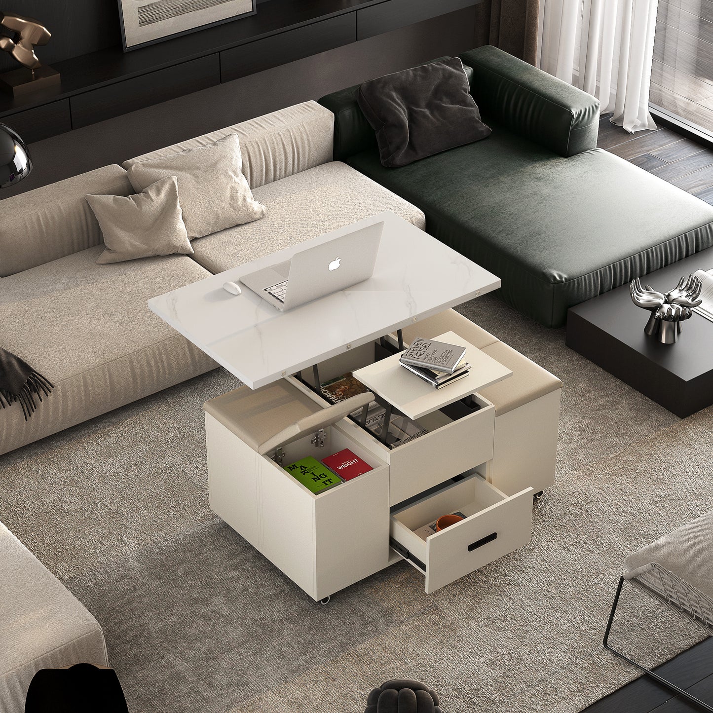 Modern Lift Coffee Table with 4 Chairs, Expandable Design with Hidden Storage and 2 Drawers