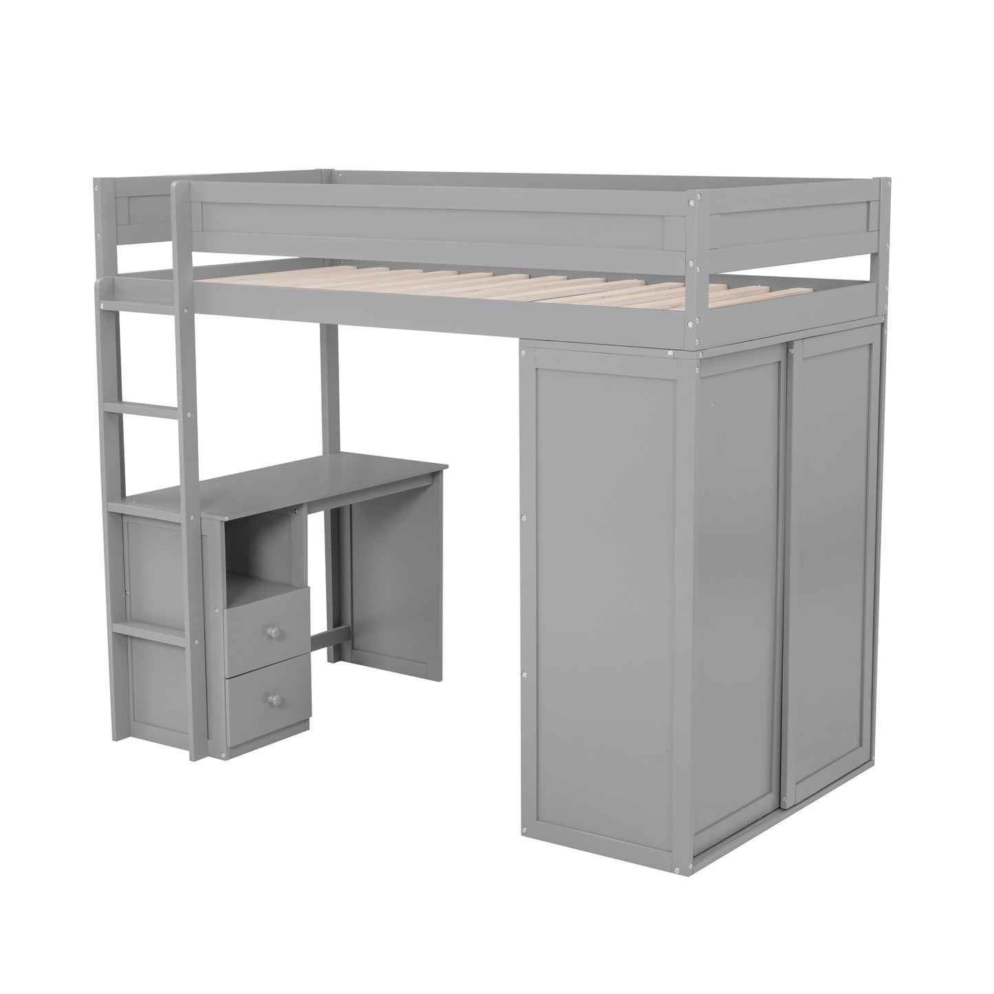 Wood Twin Size Loft Bed with Wardrobes and 2-Drawer Desk with Cabinet Gray