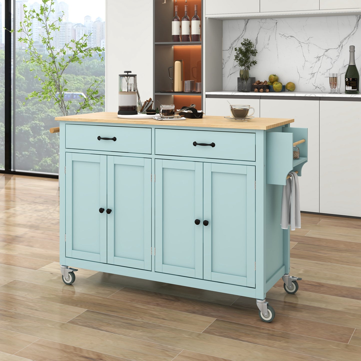 Kitchen Island Cart with 4-Door Cabinet, 2 Drawers, and Locking Wheels, Solid Wood Top in Mint Green