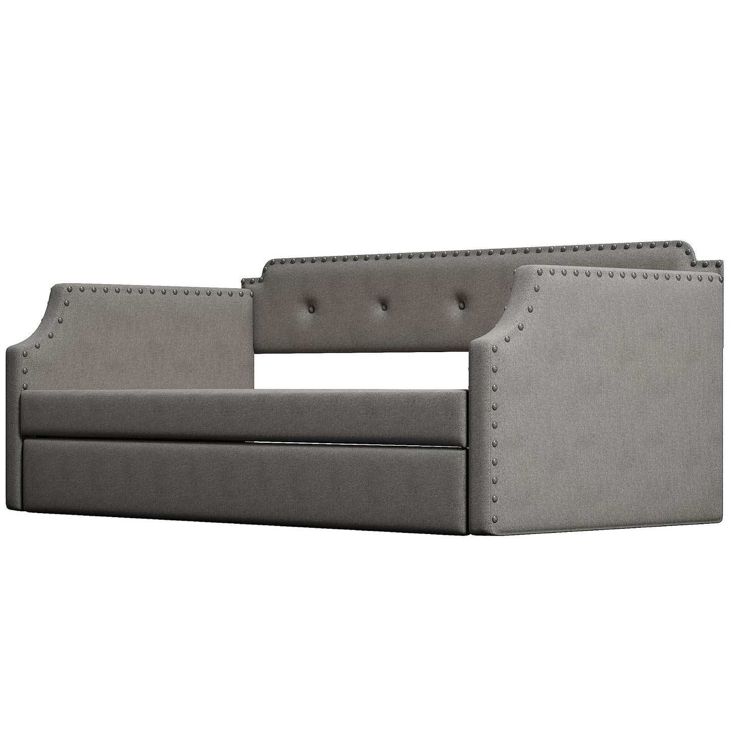 Upholstered Daybed with Trundle, Wood Slat Support,Upholstered Frame Sofa Bed   Twin Gray