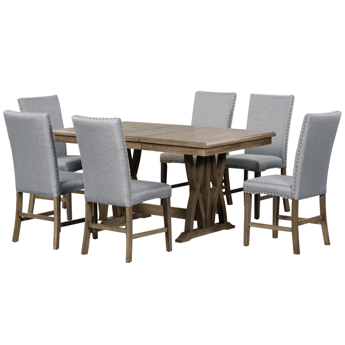 TOPMAX Mid-Century Solid Wood 7-Piece Expandable Dining Table Set with Soft Cushioned Chairs, Gold Brown and Gray