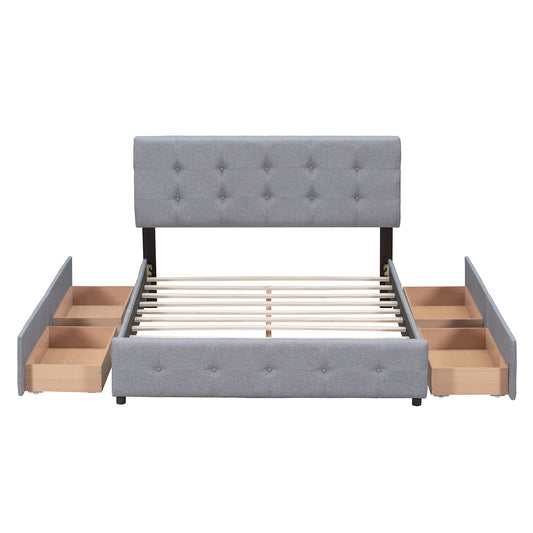 Upholstered Platform Bed with Classic Headboard and 4 Drawers No Box Spring Needed Linen Fabric Queen Size Light Gray