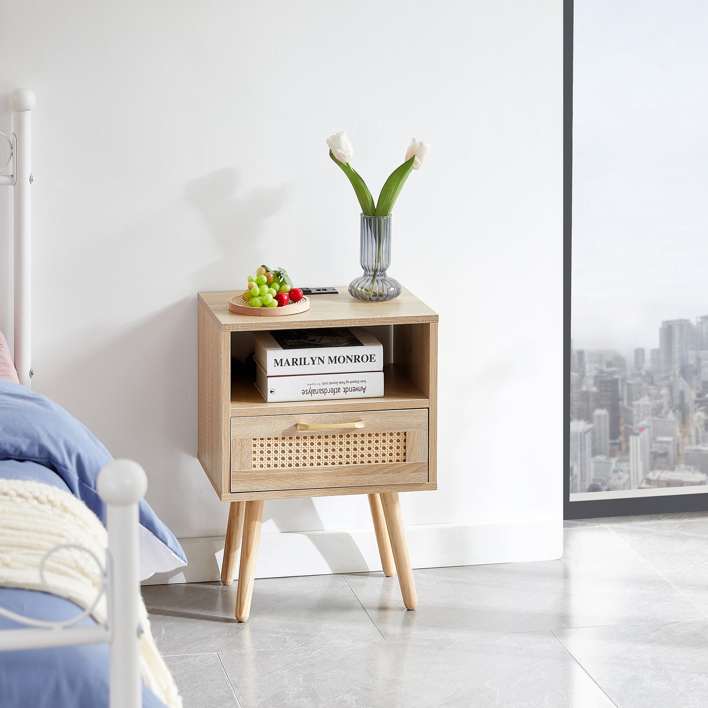 Rattan End table with Power Outlet & USB Ports Modern nightstand with drawer and solid wood legs