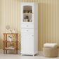 High bathroom storage cabinet with glass door, freestanding, two drawers and adjustable shelves, MDF board, painted white