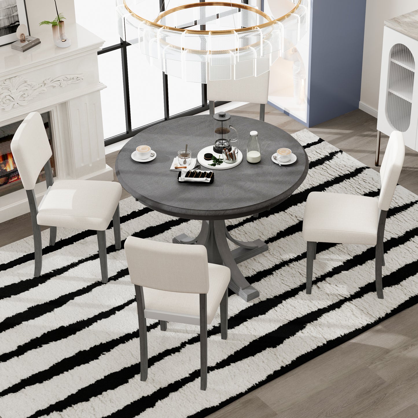 Juego de mesa de comedor redonda retro de cinco piezas TREXM con soportes curvos y 4 sillas acolchadas, gris oscuro