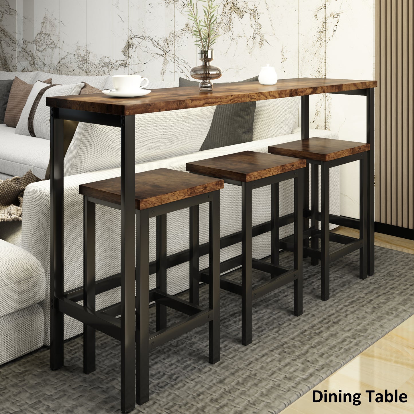 TOPMAX Counter Height Extra Long Dining Table Set with 3 Stools, Pub Kitchen Set in Brown