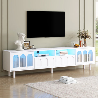 ON-TRANS Cream TV Stand with LED Light Strip, Tempered Glass Door for 80-Inch TVs, White Finish