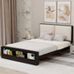 Queen Size Platform Bed Frame with Upholstery Headboard and Bookshelf in Footboard and LED Light Strips, Espresso