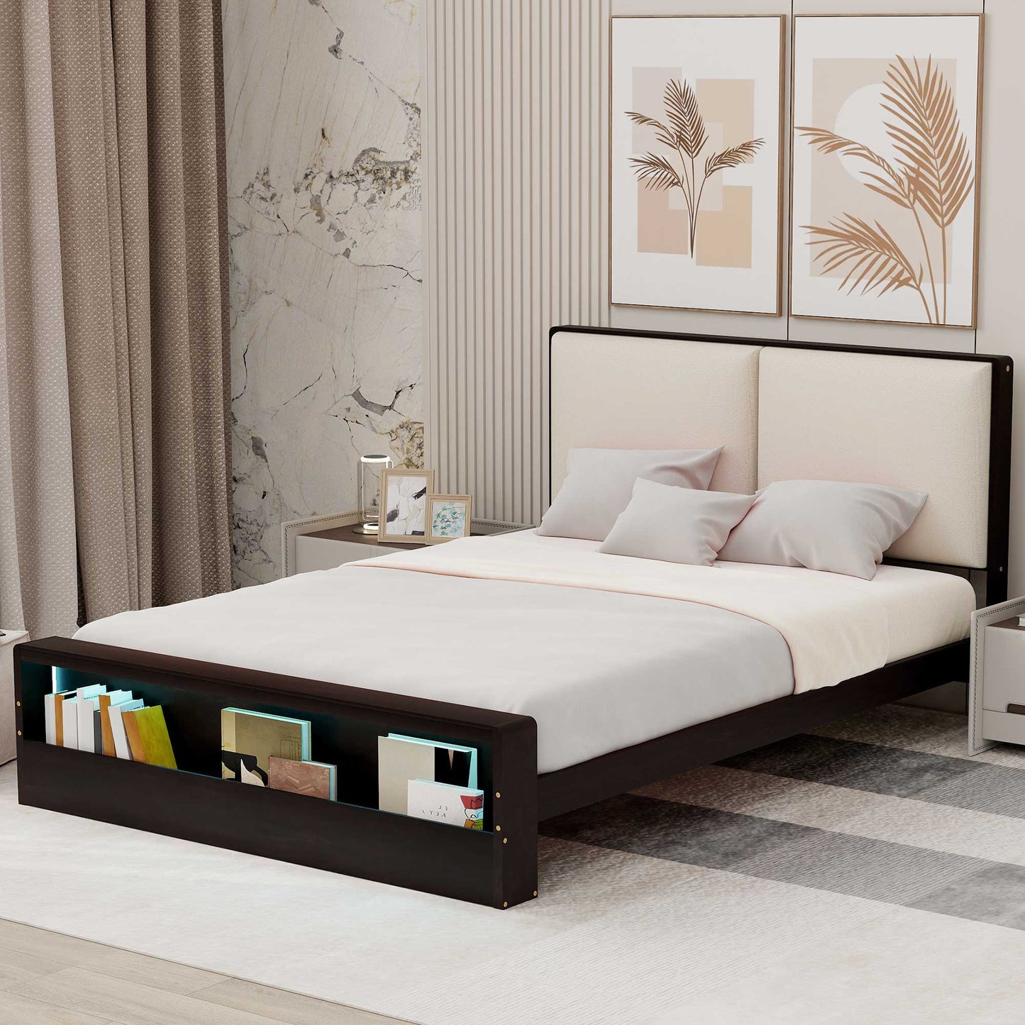 Queen Size Platform Bed Frame with Upholstery Headboard and Bookshelf in Footboard and LED Light Strips, Espresso