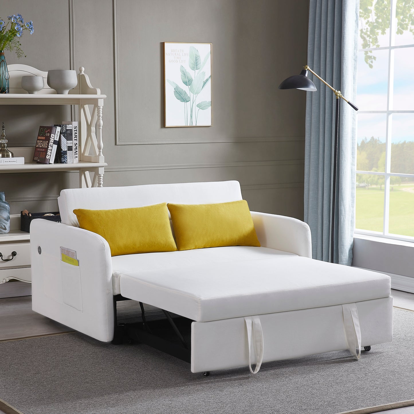 Twins Sofa Bed in Cream White Fabric, Convertible Design for Comfortable Seating and Sleeping