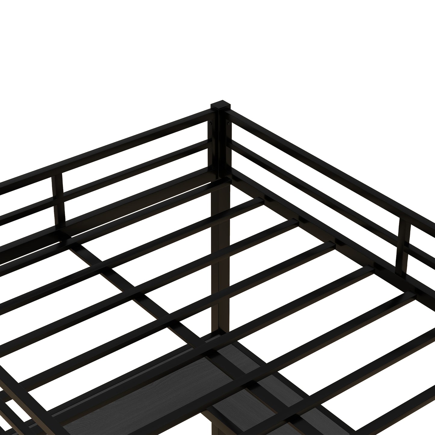 All metal loft bed with desk and shelf, loft bed with ladder and guardrail, black with black desk