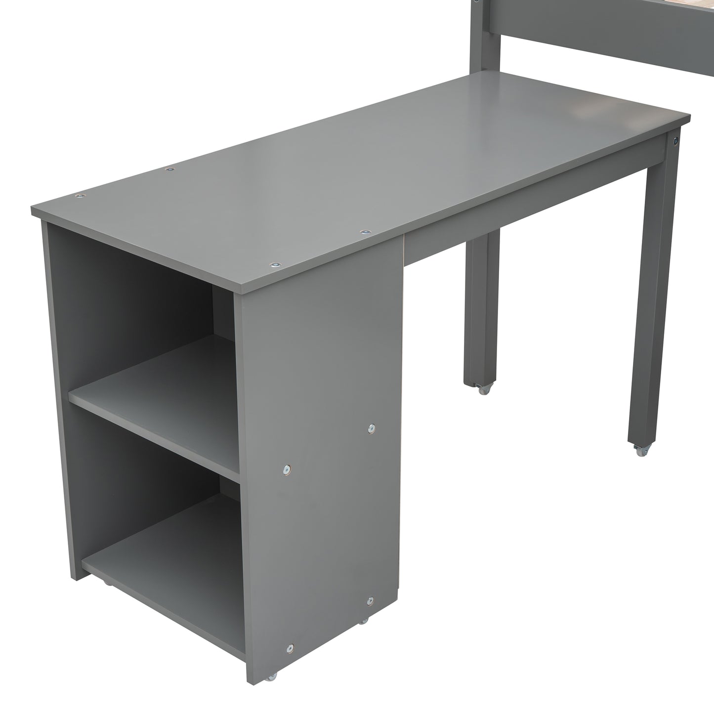 Low Study Twin Loft Bed with Cabinet and Rolling Portable Desk - Gray (OLD SKU :LP000113AAE)