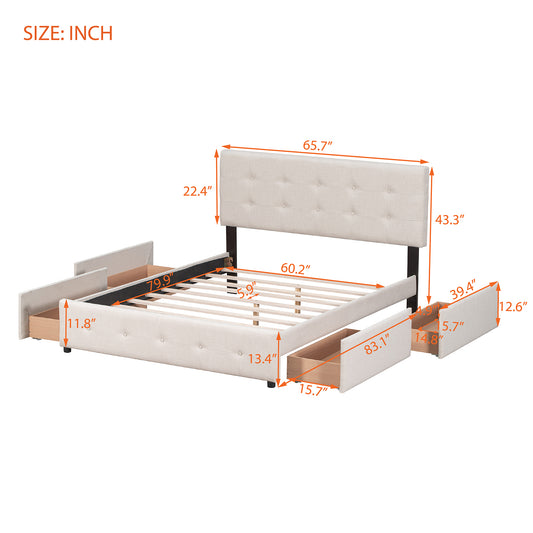 Upholstered Platform Bed with Classic Headboard and 4 Drawers No Box Spring Needed Linen Fabric Queen Size Beige