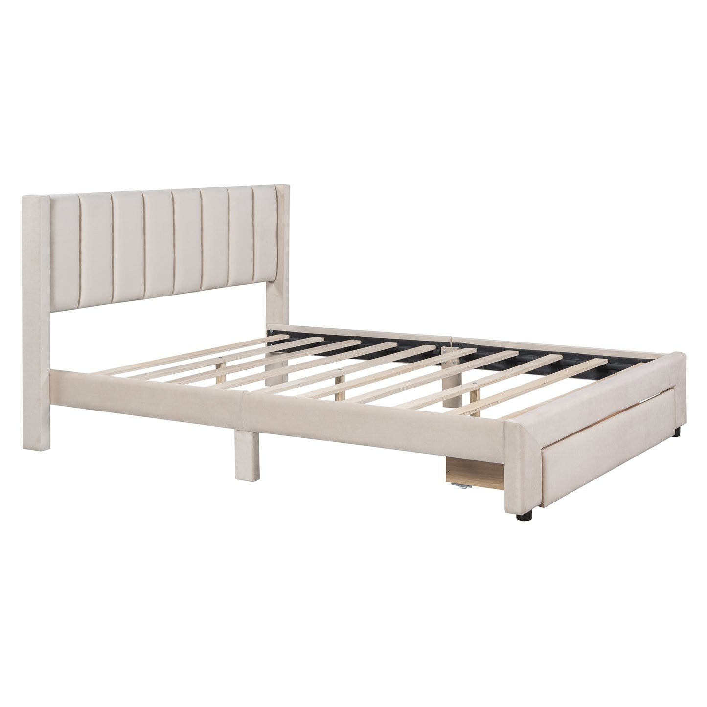 Queen Size Storage Bed Velvet Upholstered Platform Bed with a Big Drawer - Beige