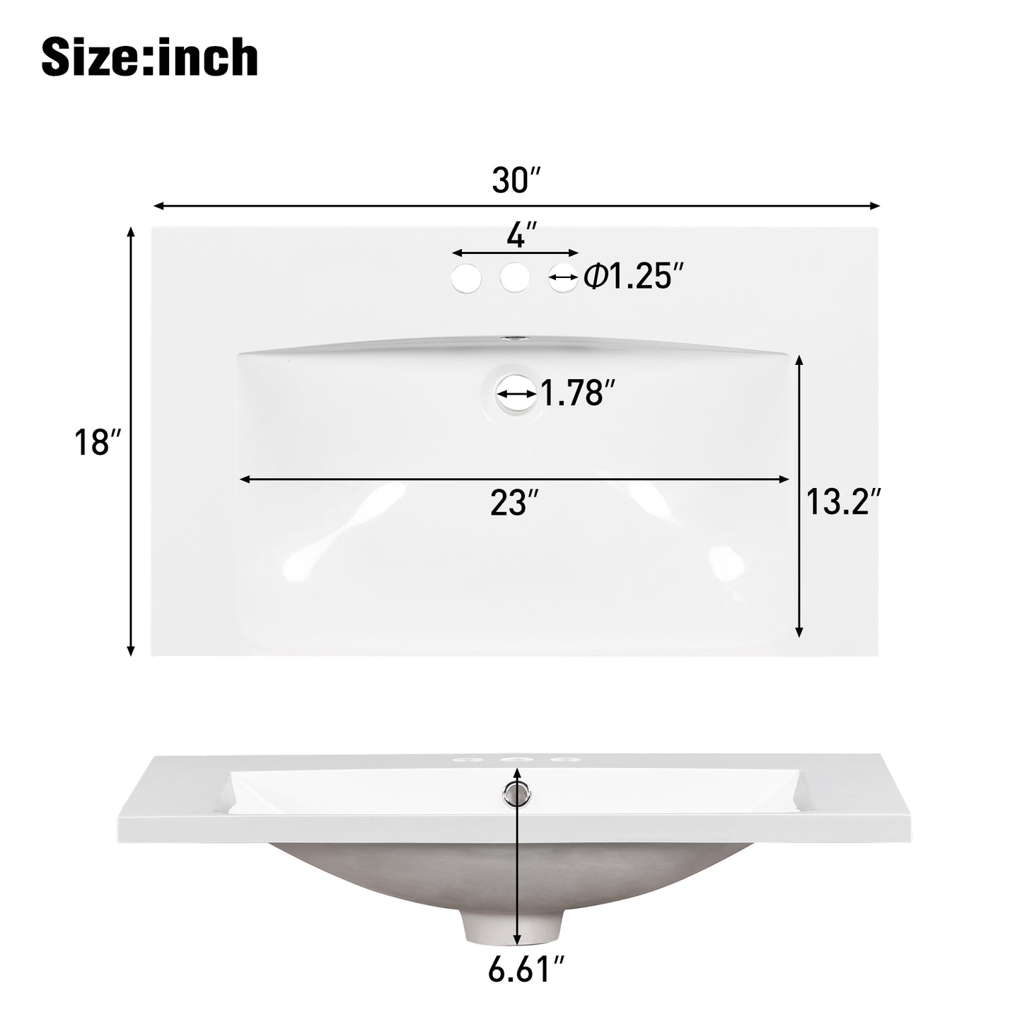 Single Bathroom Basin Sink, Vanity Top Only, 3-Faucet Holes, Resin