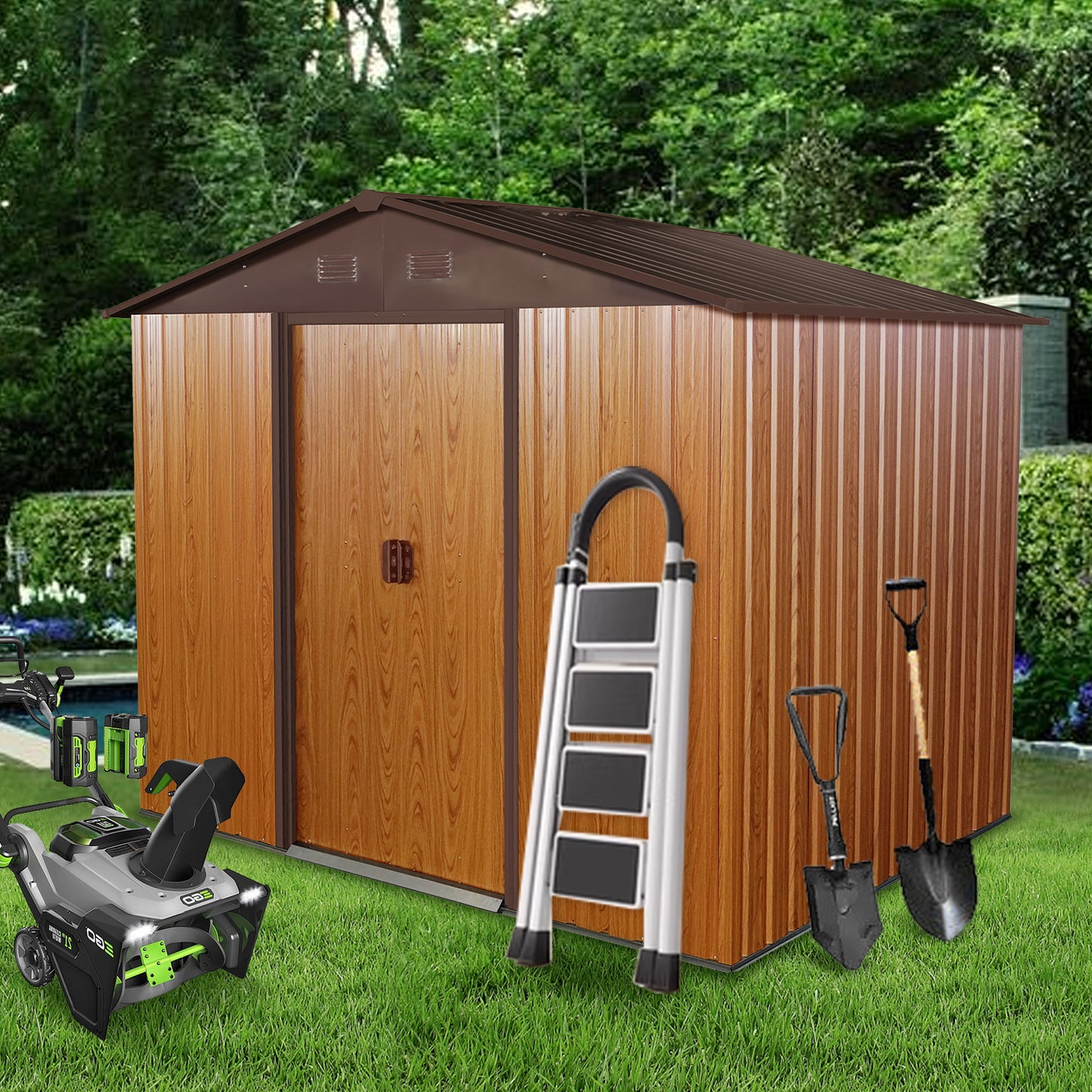 8ft x 6ft Outdoor Metal Storage Shed with Floor Base Coffee(W540S00014)