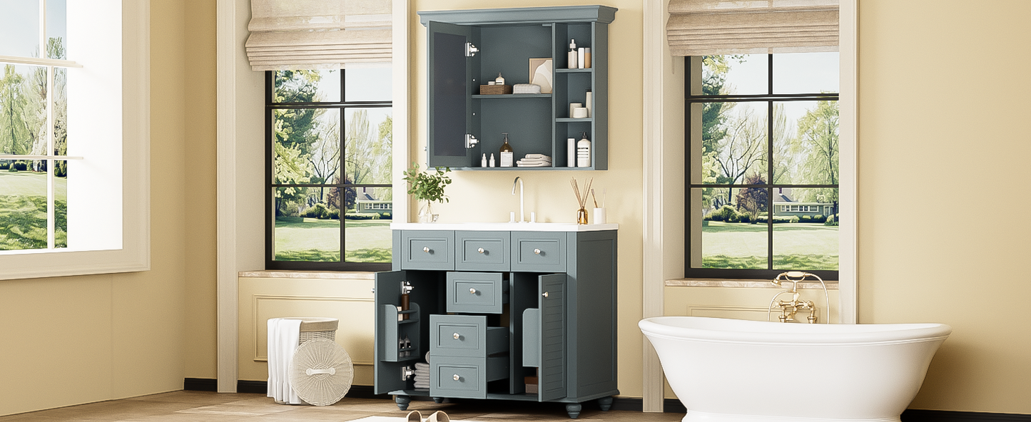 36" Modern Mirror Cabinet with Adjustable Shelves, 2 Soft-Closing Doors, and 6 Drawer Organizers