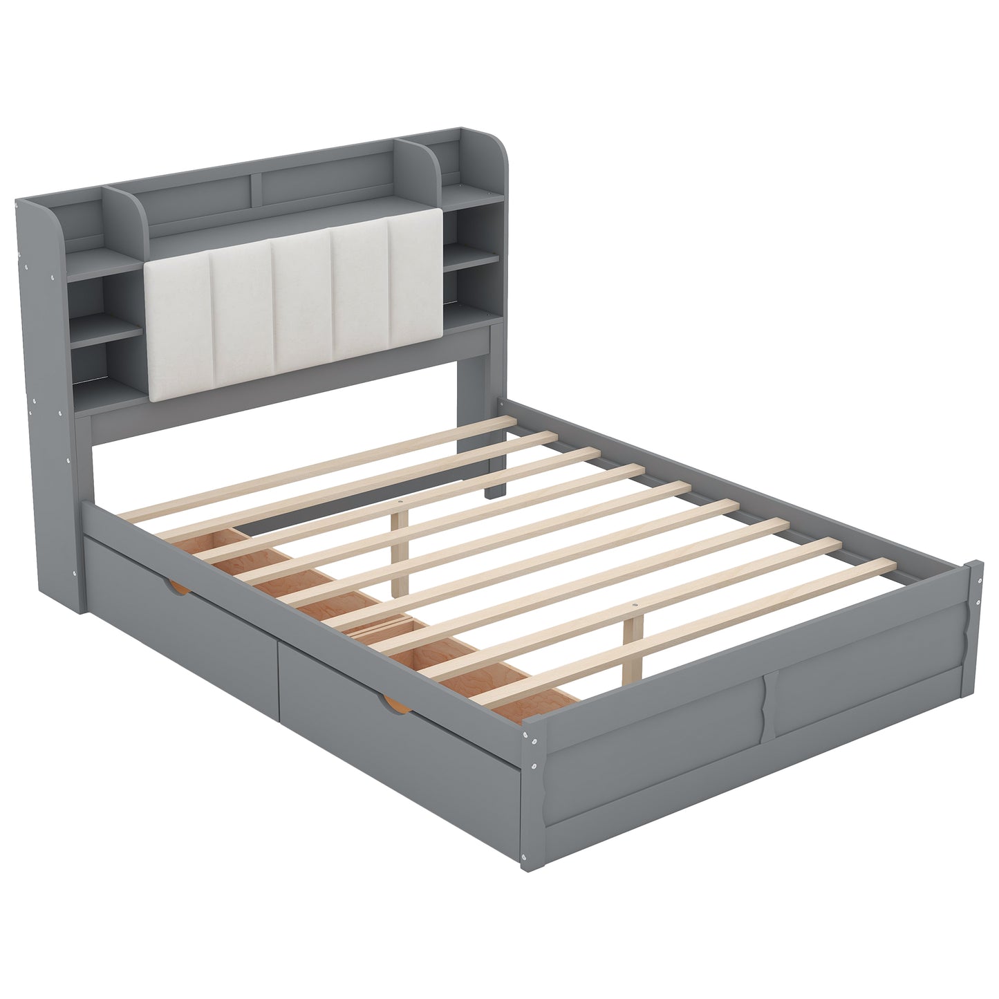 Wood Queen Size Platform Bed with Storage Headboard  Shelves and 2 Drawers  Gray