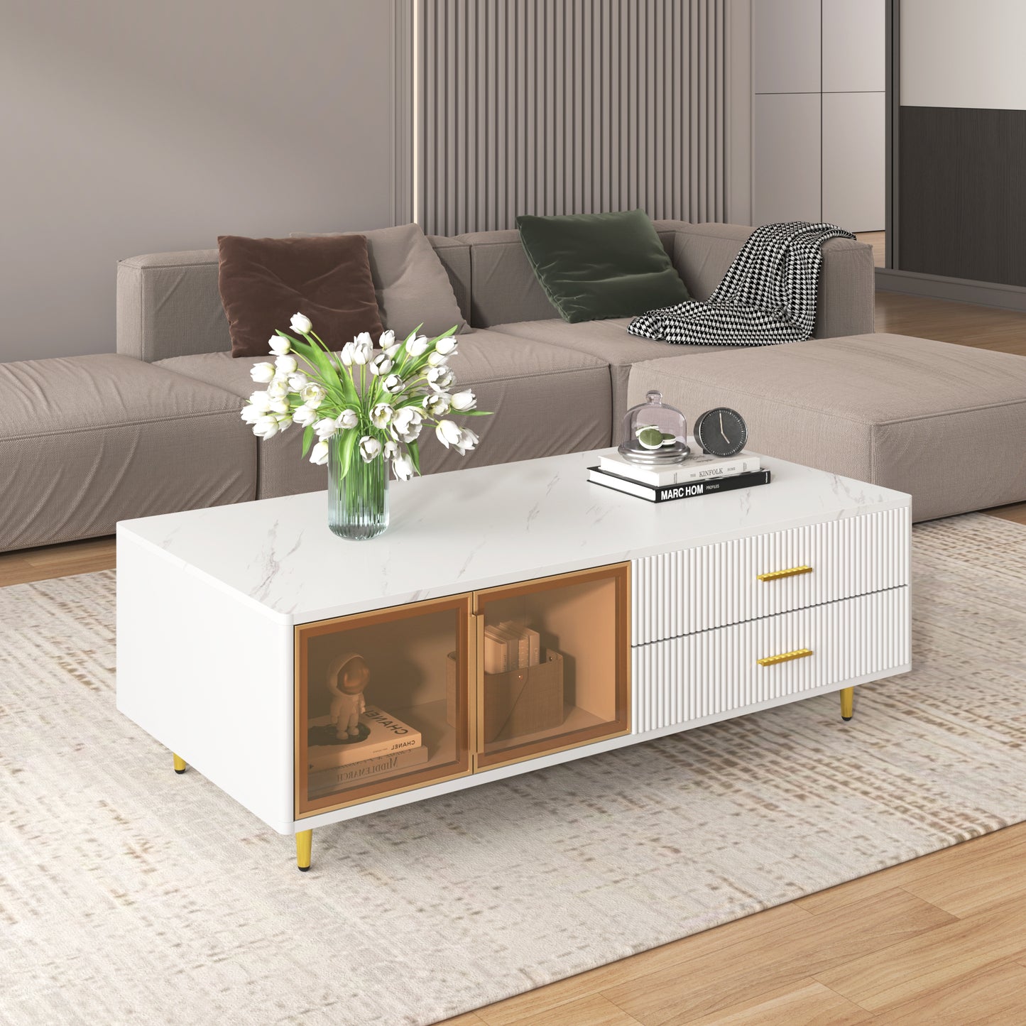 Modern White Coffee Table with 2 Glass Door Storage, 4 Drawers, Gold Metal Legs, and Multi-Color Lighting in 47.2'