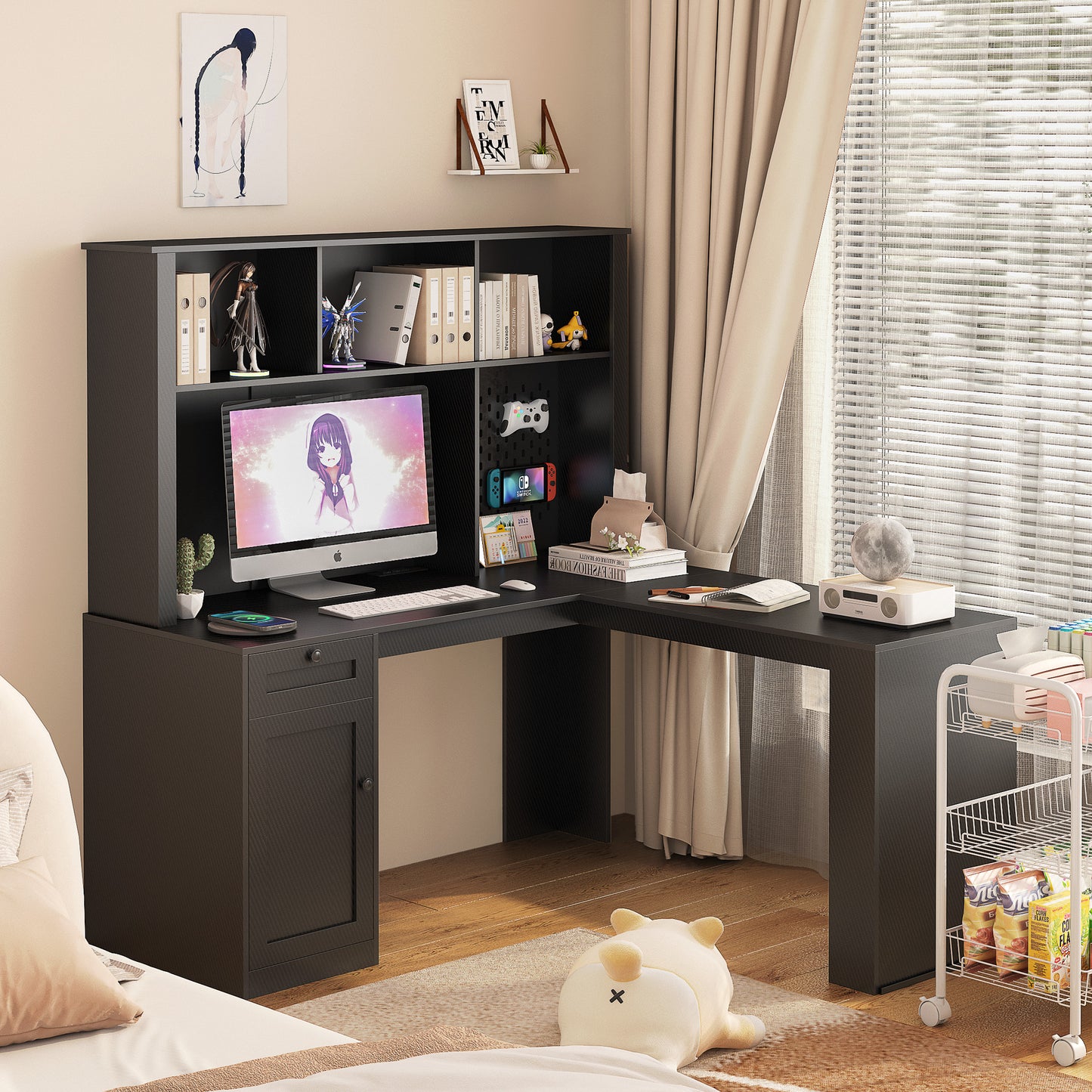 Writing desk with drawer bookshelf and charger, modern L-shaped desk with storage space, corner gaming computer desk