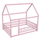 Full Size Floor Wooden Bed with House Roof Frame, Fence Guardrails ,Pink