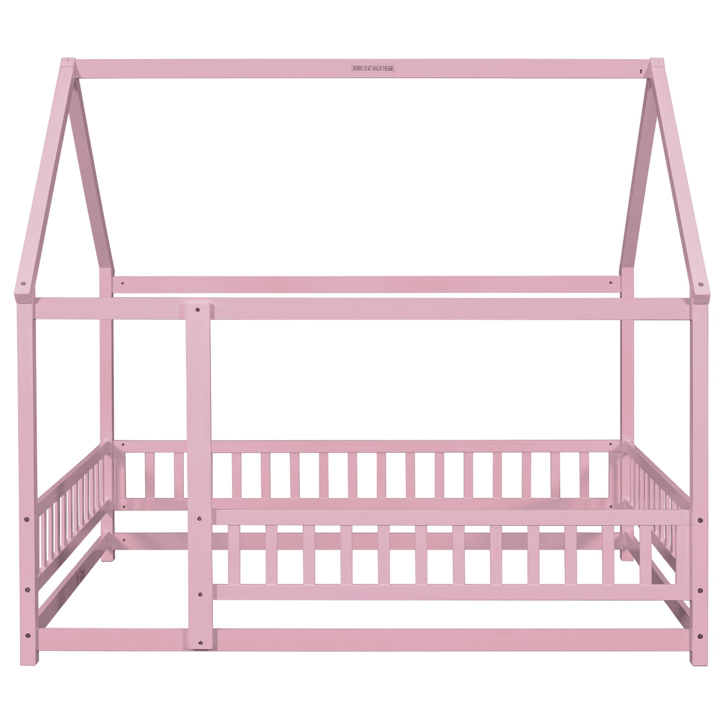 Full Size Floor Wooden Bed with House Roof Frame, Fence Guardrails ,Pink