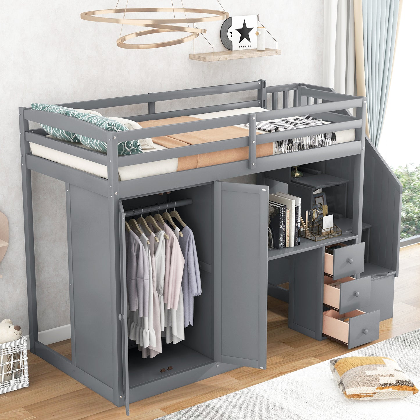 Twin Size Loft Bed with Wardrobe and Staircase  Desk and Storage Drawers and Cabinet in 1 Gray