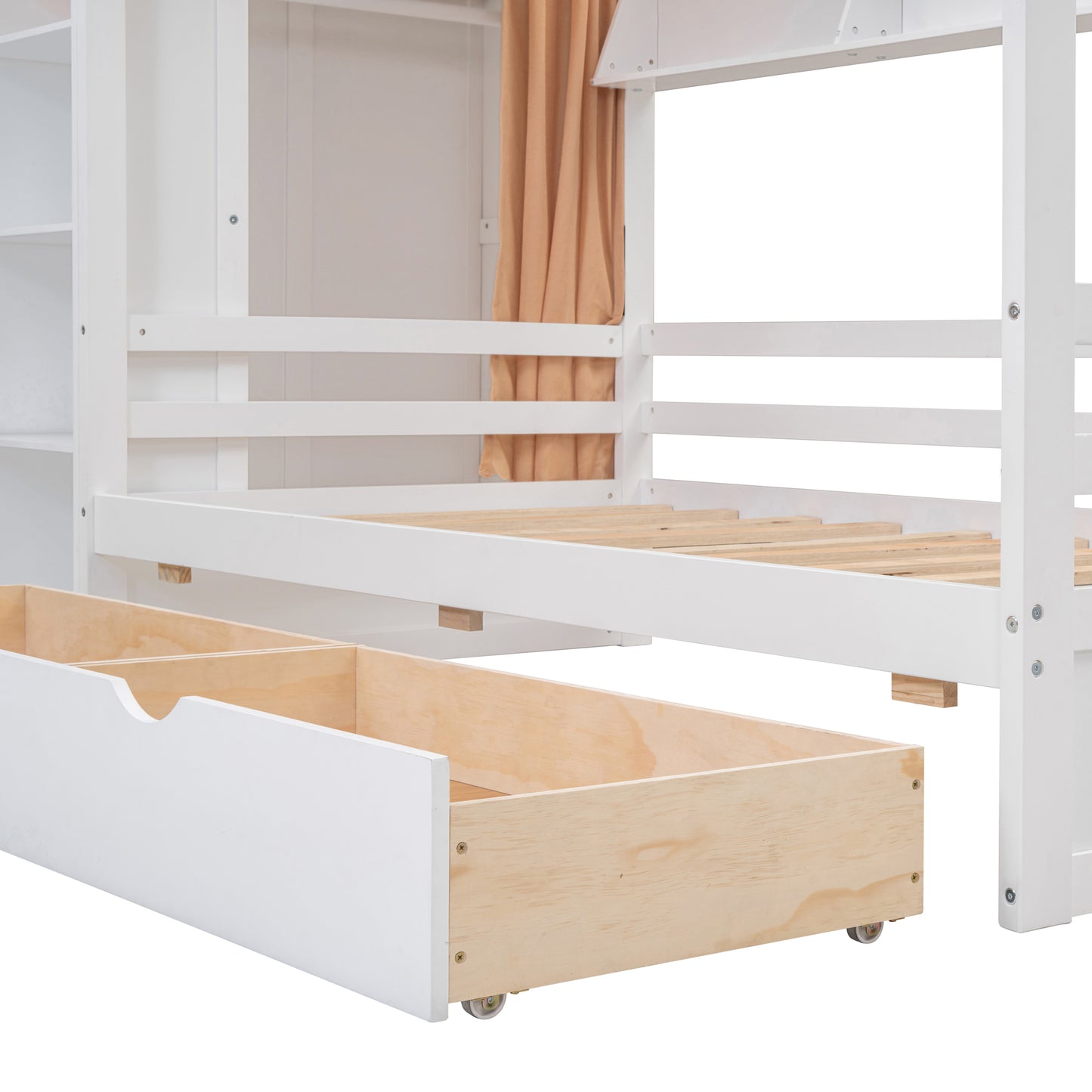 Twin size House Bed with Two Drawers and Wardrobe,White