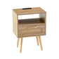 Rattan End table with Power Outlet & USB Ports Modern nightstand with drawer and solid wood legs