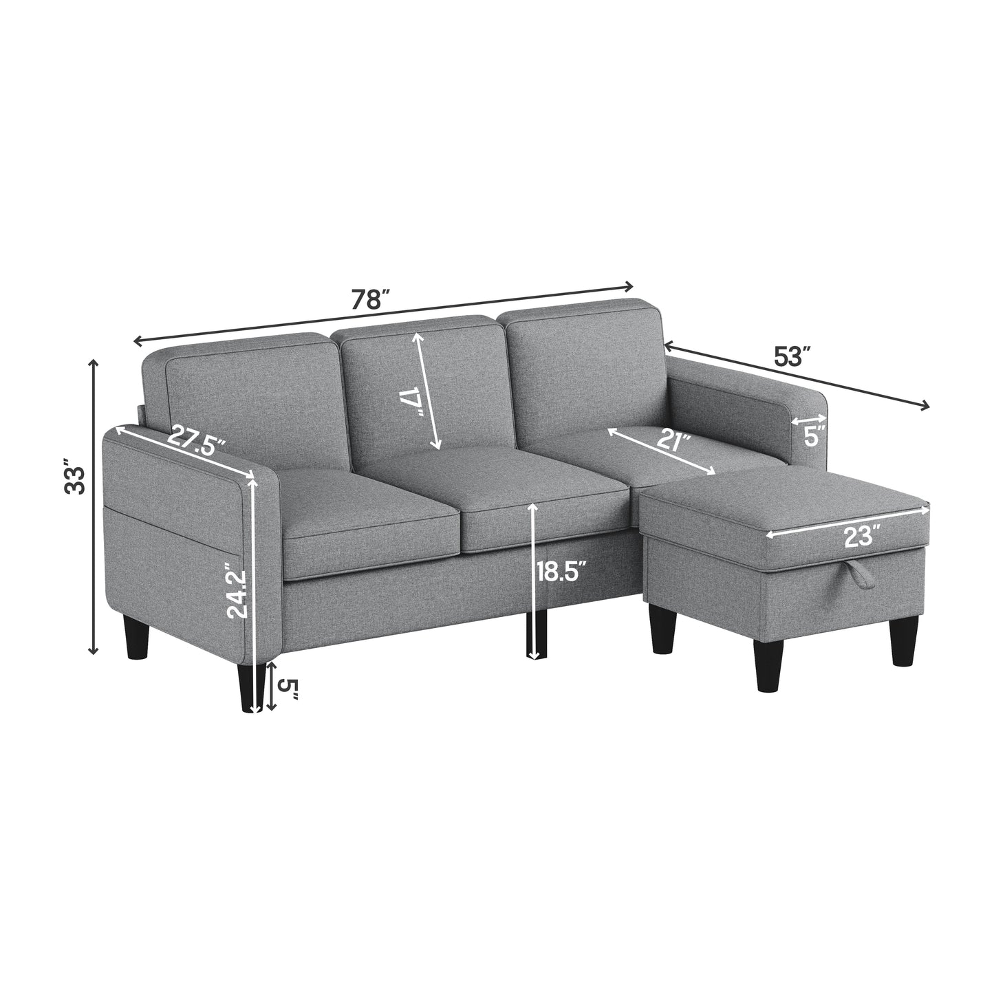 Light Grey Sofas with L-Shaped Design, Perfect for Families, Apartments, Dorms, and Compact Spaces