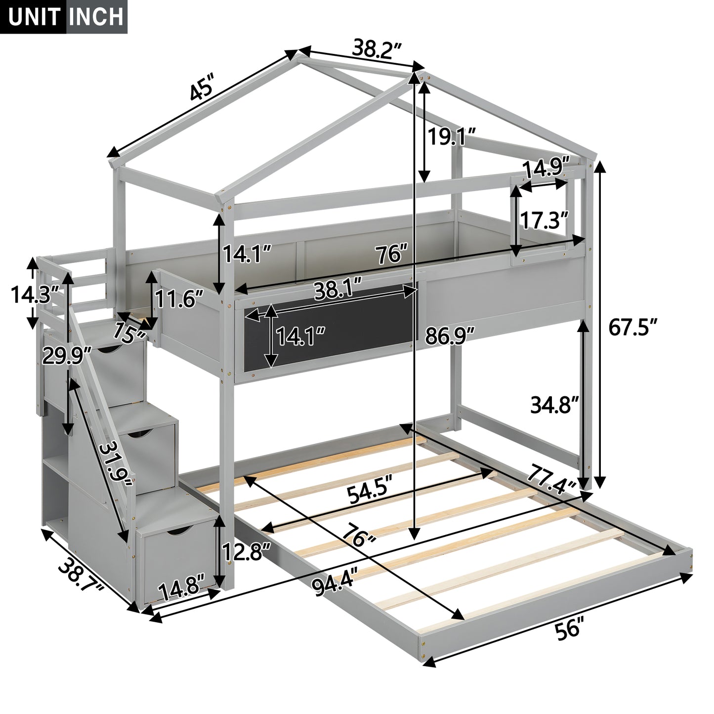 Twin over Full House Bunk Bed with Storage Staircase and Blackboard, Gray Finish