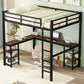 Full Metal Loft Bed with Desk and Shelves, Loft Bed with Ladder and Guardrails, Loft Bed Frame for Bedroom, Black