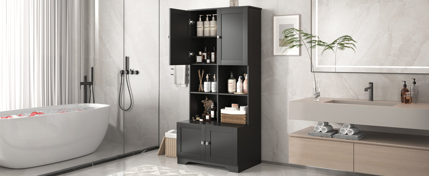 Bathroom storage cabinet, 4-door independent cabinet, adjustable shelf, open multi-layer shelf, black