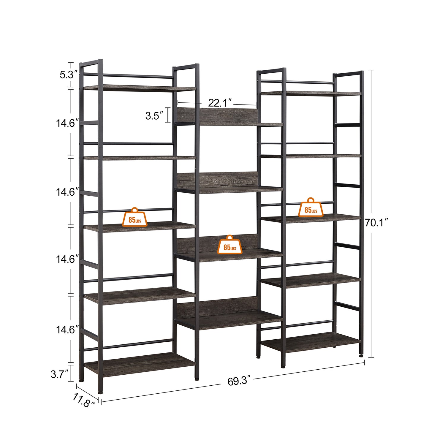 Triple Wide 5-shelf Bookshelves Industrial Retro Wooden Style Home and Office Large Open Bookshelves Dark Grey