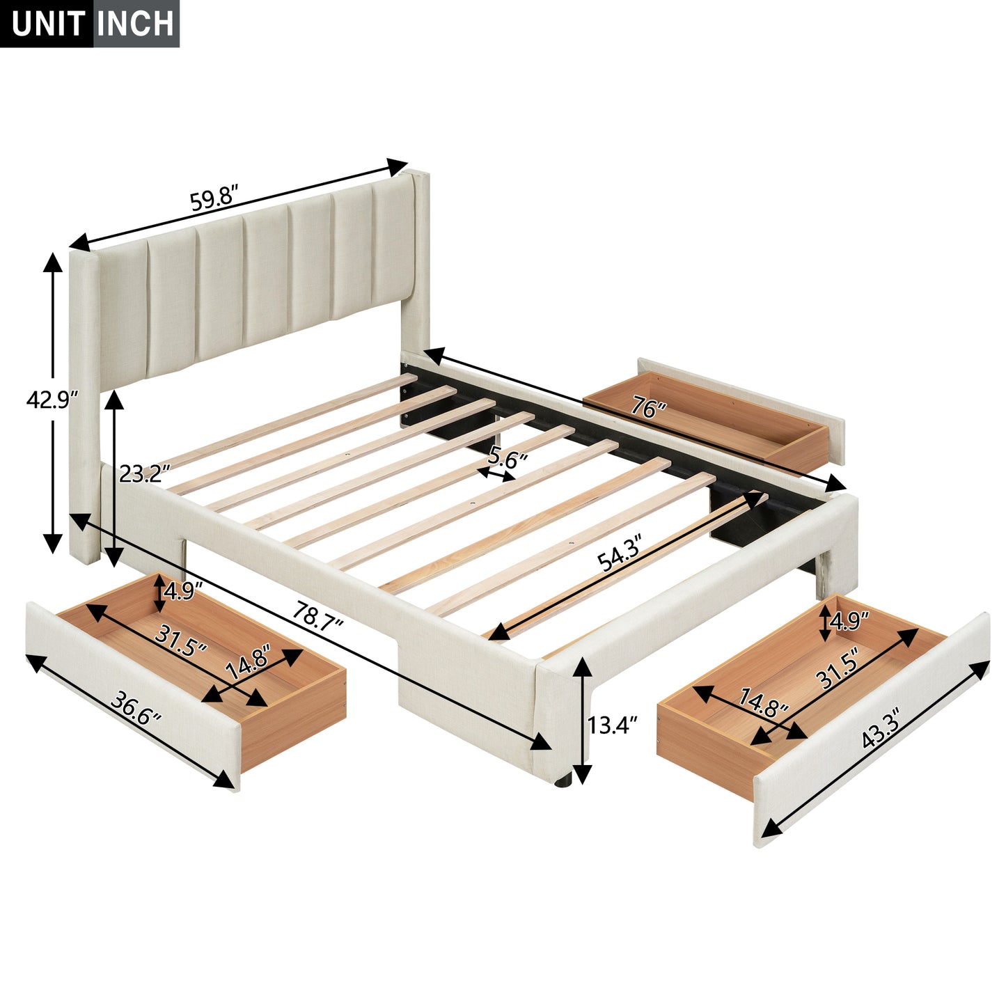 Full Size Upholstered Platform Bed with One Large Drawer in Footboard and Drawers on Each Side, Beige