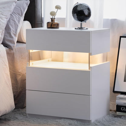 LED bedside table, bedroom, three drawers, dressing table, acrylic board, bedside furniture (white)