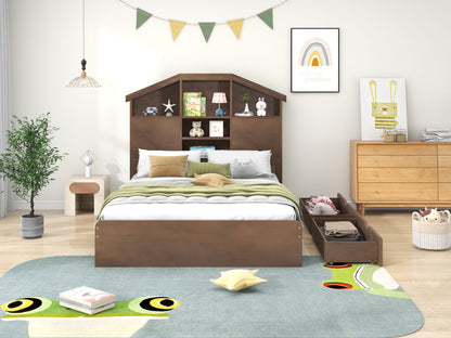 Full Platform Bed with Storage Headboard Walnut