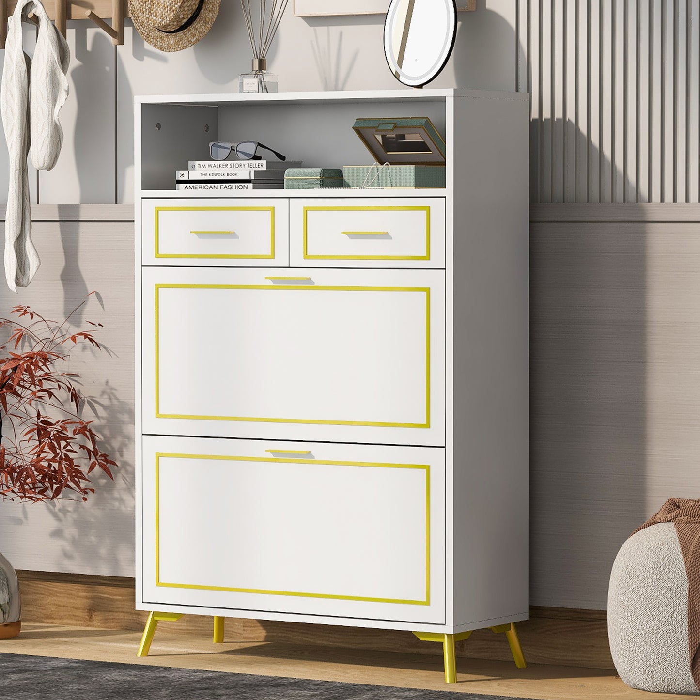 U-Can Shoe Cabinet with 2 Flip Drawers, 2 Slide Drawers, and 1 Shelf, Modern White Finish