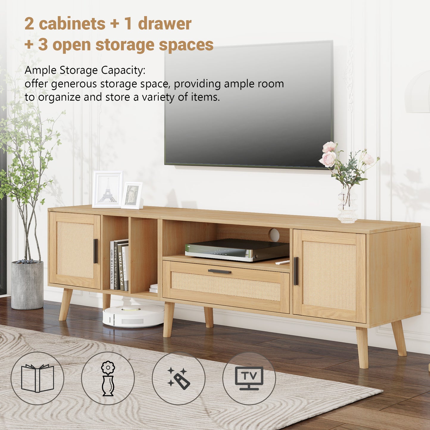 Vine TV Stand with 2 Cabinets and 2 Open Shelves, Solid Wood Legs for TVs Under 80 Inches